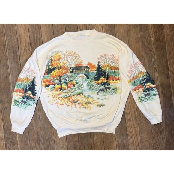 VTG 90s Lifestyles Crew Sweatshirt AOP Fall Scene Deer All Over Print Glitter - Picture 1 of 5